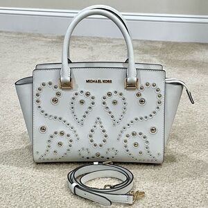 Michael Kors Selma Studded Saffiano Leather Satchel Ivory Medium Crossbody Tote